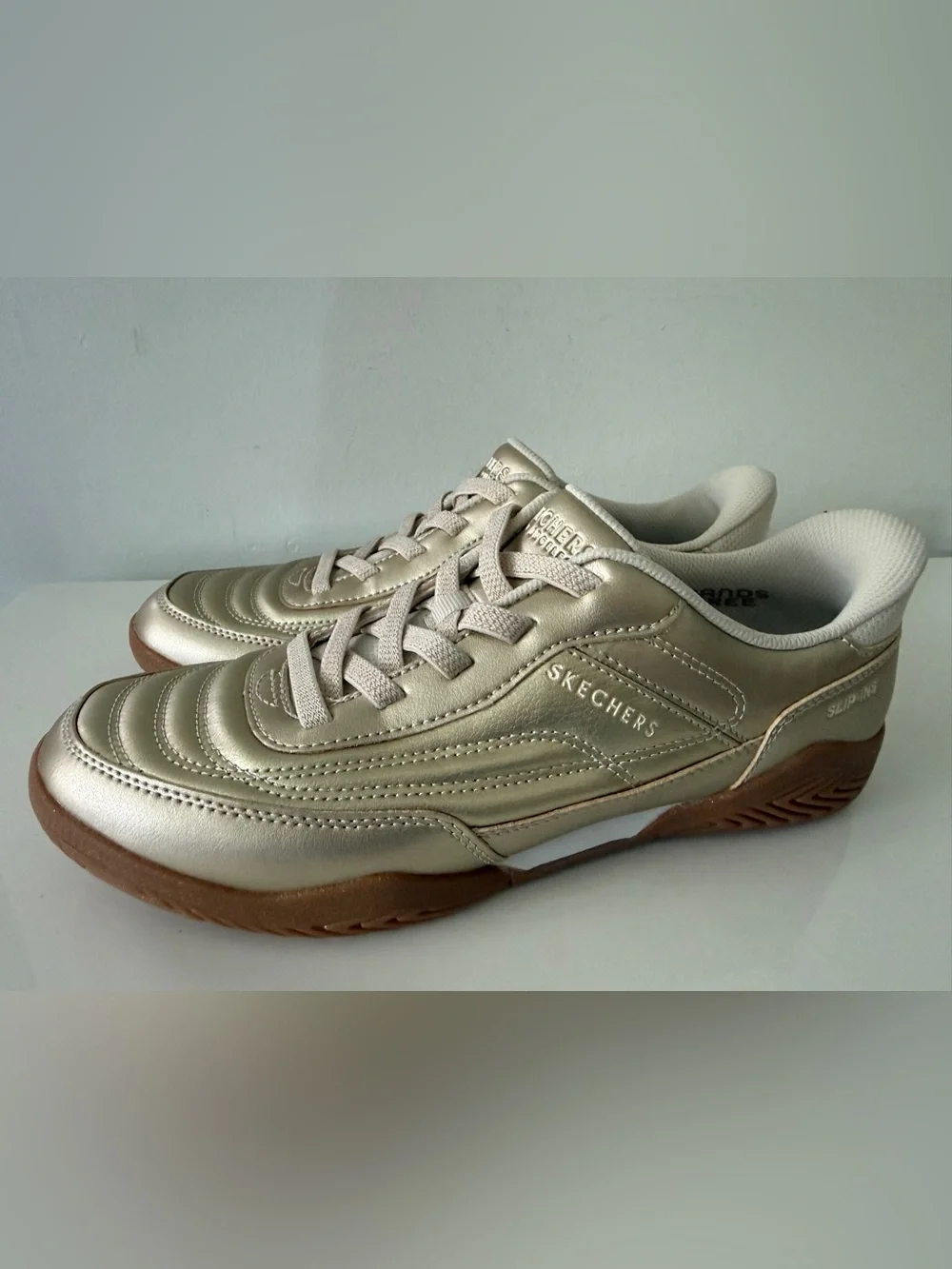 SKECHERS Street Los Angeles Memory Foam Slip-ins Gold Sneakers Shoes Size 9